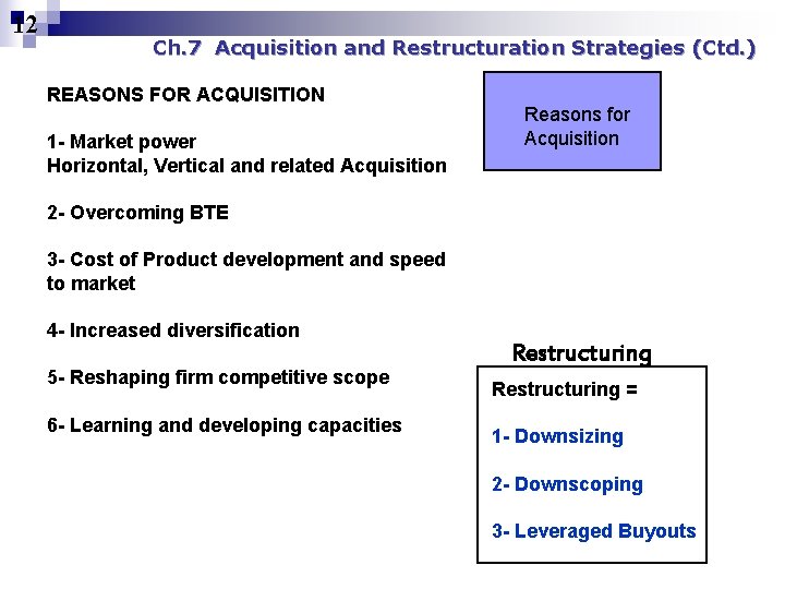 12 Ch. 7 Acquisition and Restructuration Strategies (Ctd. ) REASONS FOR ACQUISITION 1 -