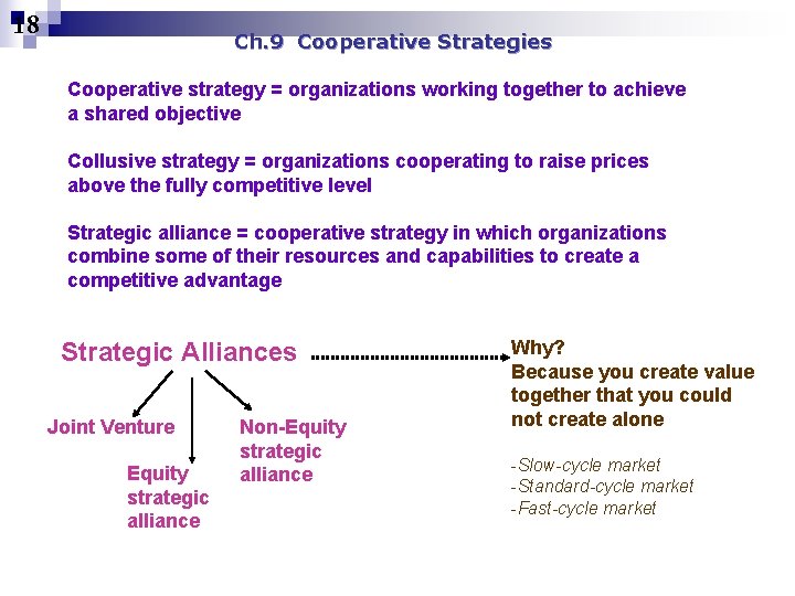 18 Ch. 9 Cooperative Strategies Cooperative strategy = organizations working together to achieve a