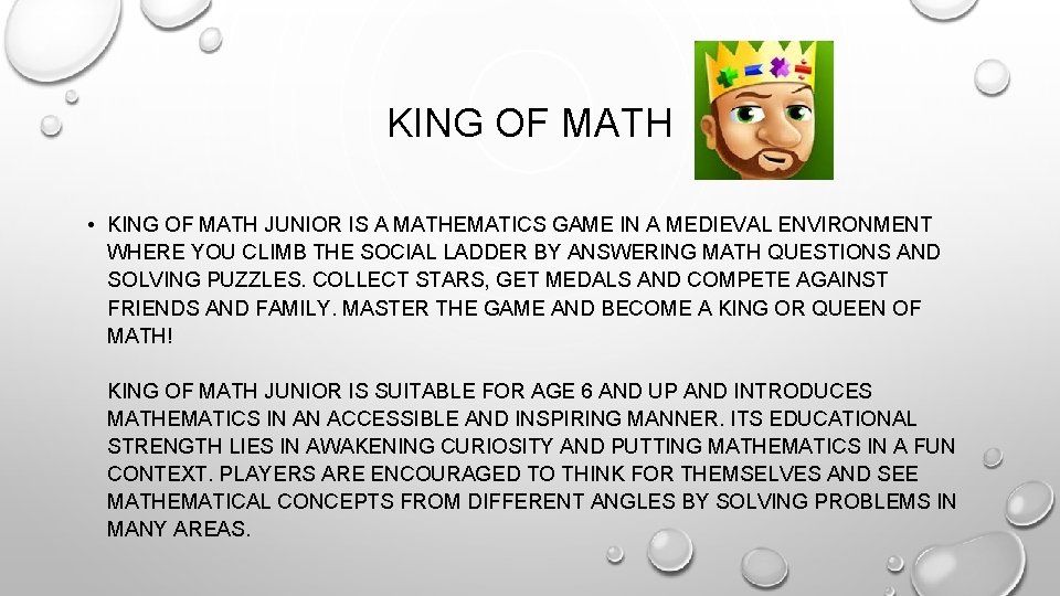 KING OF MATH • KING OF MATH JUNIOR IS A MATHEMATICS GAME IN A