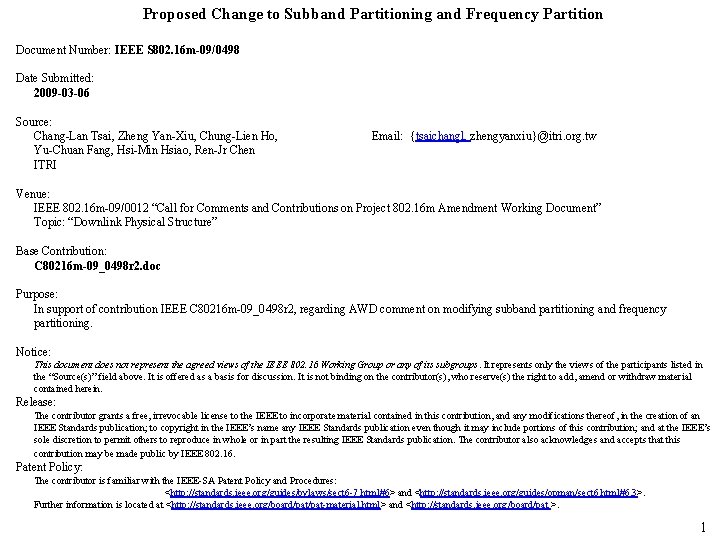 Proposed Change to Subband Partitioning and Frequency Partition Document Number: IEEE S 802. 16