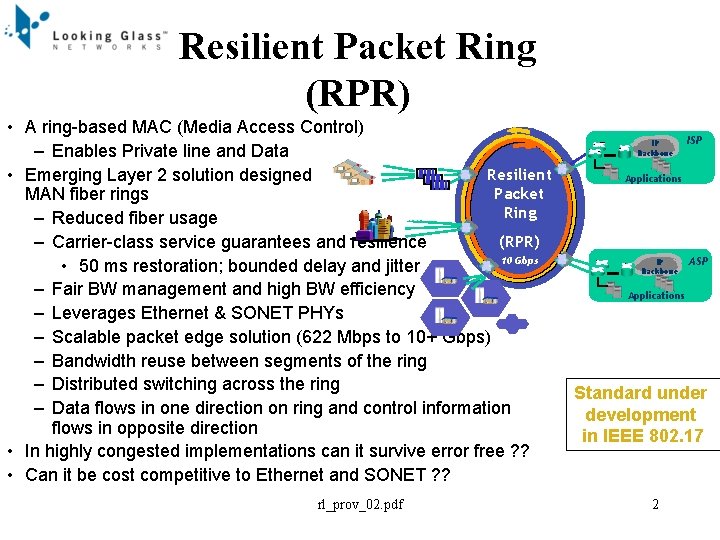 Resilient Packet Ring (RPR) • A ring-based MAC (Media Access Control) – Enables Private