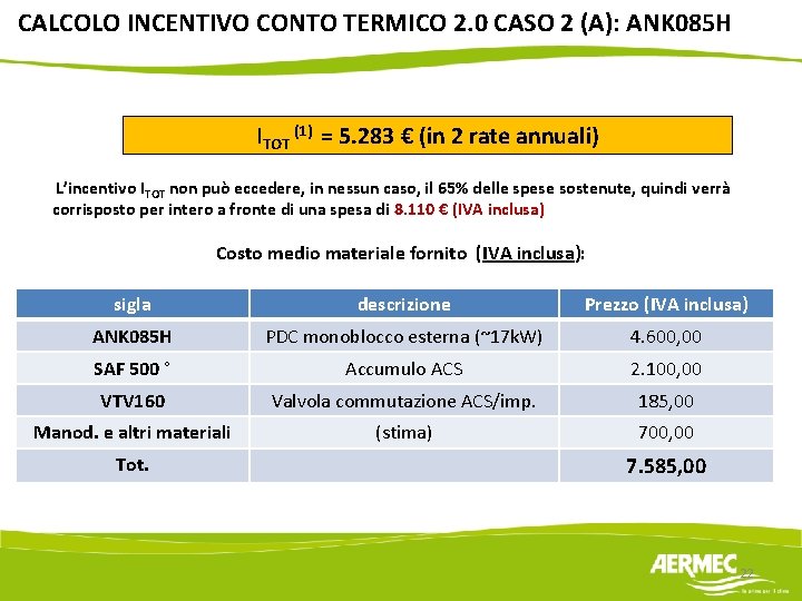 CALCOLO INCENTIVO CONTO TERMICO 2. 0 CASO 2 (A): ANK 085 H ITOT (1)