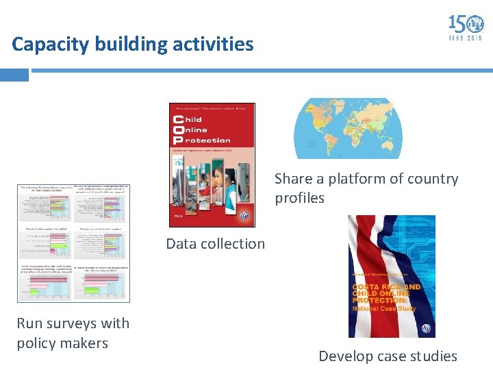 Capacity building activities Share a platform of country profiles Data collection Run surveys with