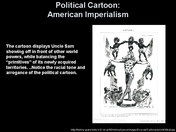 Political Cartoon: American Imperialism The cartoon displays Uncle Sam showing off in front of