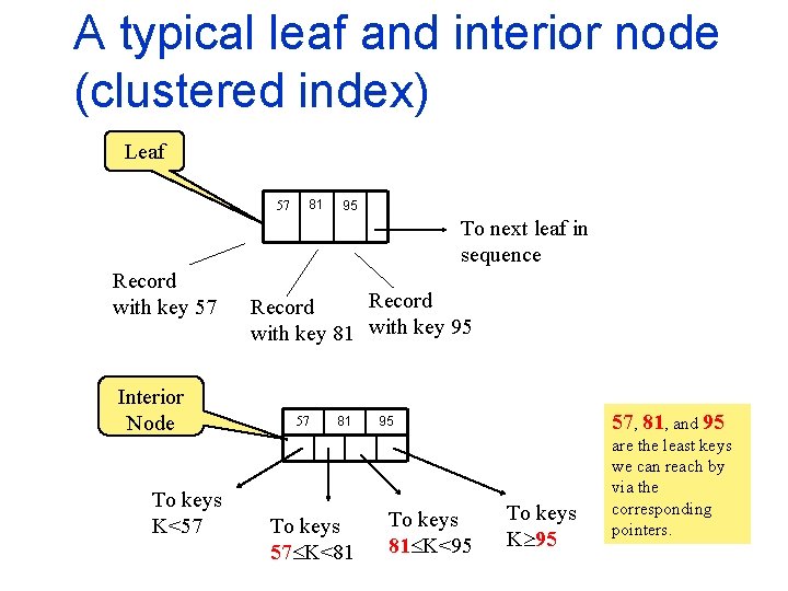 A typical leaf and interior node (clustered index) Leaf 57 81 95 To next
