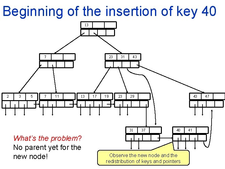 Beginning of the insertion of key 40 13 7 2 3 5 7 23