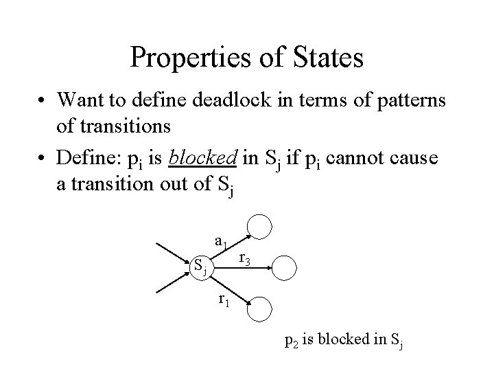 Properties of States • Want to define deadlock in terms of patterns of transitions
