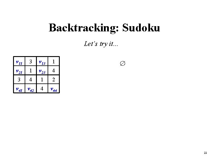 Backtracking: Sudoku Let’s try it… v 11 3 v 13 1 v 21 1