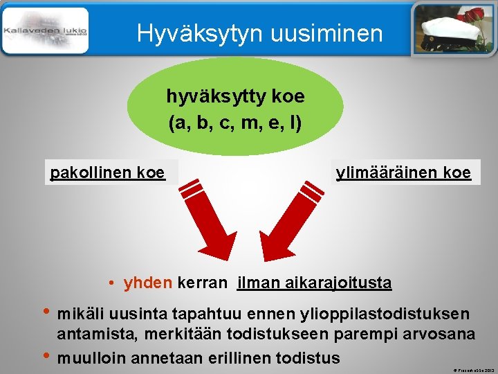 Älä muuta perustyylidiaa Hyväksytyn uusiminen hyväksytty koe (a, b, c, m, e, l) pakollinen