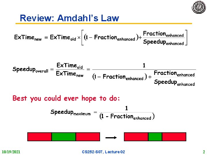 Review: Amdahl’s Law Best you could ever hope to do: 10/19/2021 CS 252 S