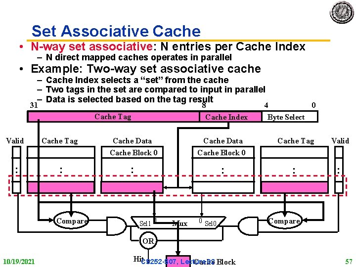 Set Associative Cache • N way set associative: N entries per Cache Index –