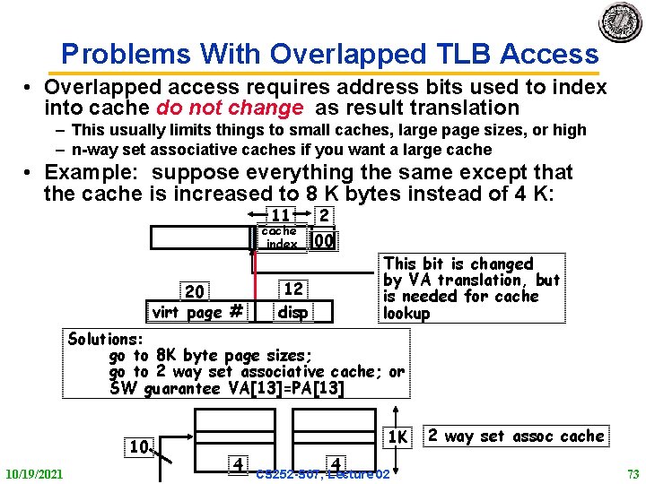 Problems With Overlapped TLB Access • Overlapped access requires address bits used to index