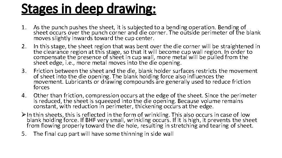 Stages in deep drawing: 1. As the punch pushes the sheet, it is subjected