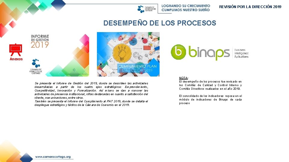 REVISIÓN POR LA DIRECCIÓN 2019 DESEMPEÑO DE LOS PROCESOS Anexos Se presenta el Informe