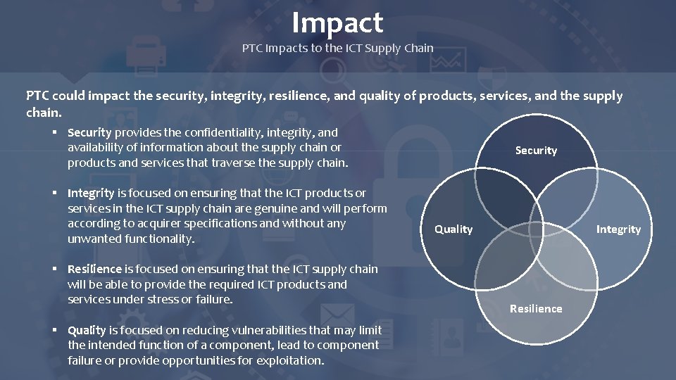 Impact PTC Impacts to the ICT Supply Chain PTC could impact the security, integrity,