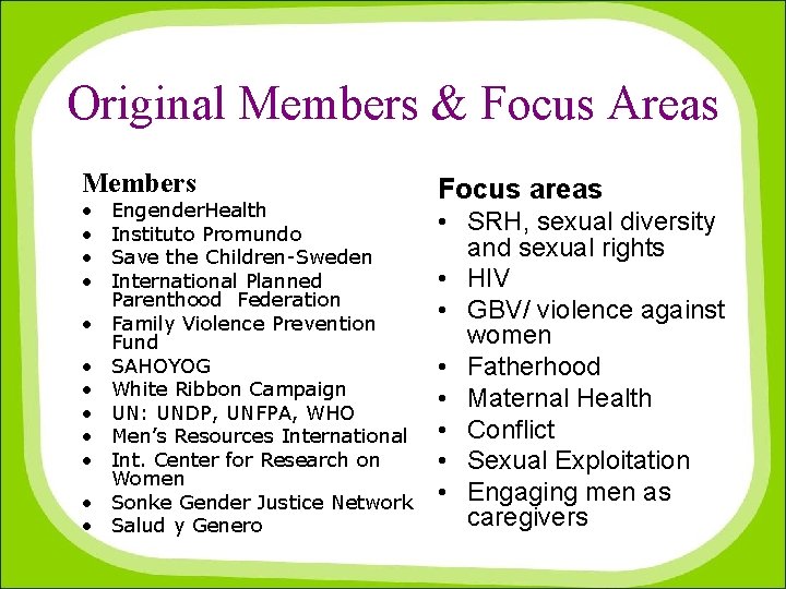 Original Members & Focus Areas Members • • • Engender. Health Instituto Promundo Save