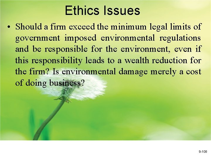 Ethics Issues • Should a firm exceed the minimum legal limits of government imposed