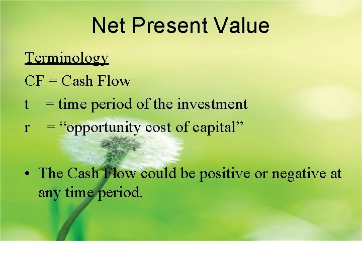 Net Present Value Terminology CF = Cash Flow t = time period of the