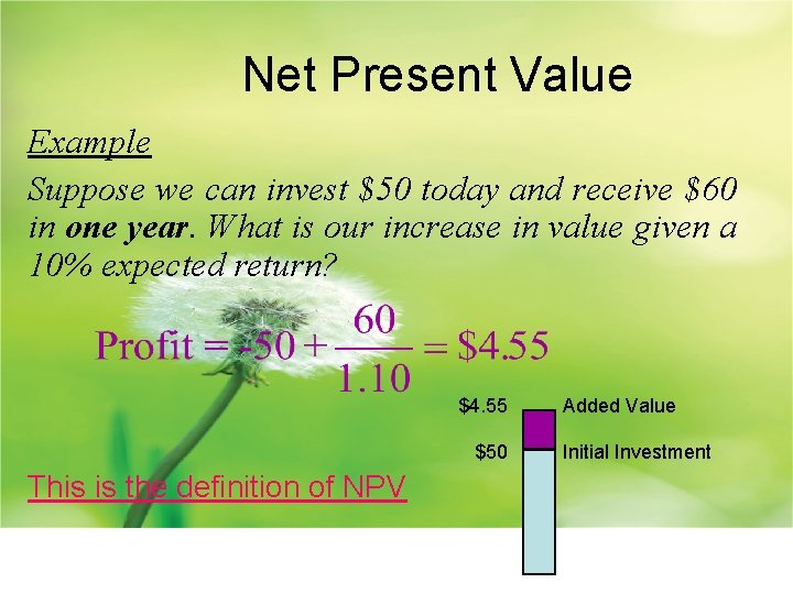 Net Present Value Example Suppose we can invest $50 today and receive $60 in