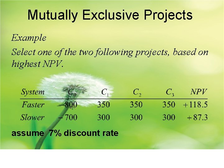 Mutually Exclusive Projects Example Select one of the two following projects, based on highest