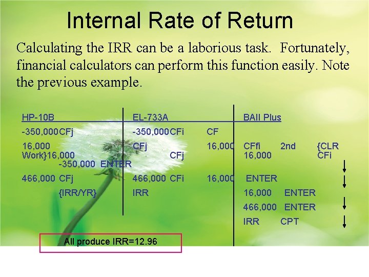 Internal Rate of Return Calculating the IRR can be a laborious task. Fortunately, financial