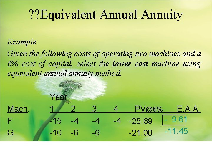 ? ? Equivalent Annual Annuity Example Given the following costs of operating two machines