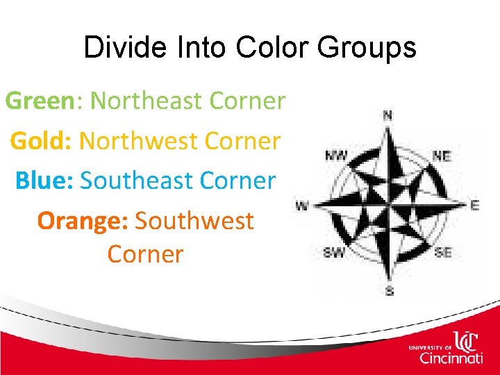 Divide Into Color Groups Green: Northeast Corner Gold: Northwest Corner Blue: Southeast Corner Orange: Divide Into Color Groups Green: Northeast Corner Gold: Northwest Corner Blue: Southeast Corner Orange: