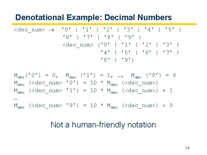 Denotational Example: Decimal Numbers <dec_num> '0' | '1' | '2' | '3' | '4'