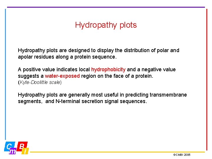 Hydropathy plots are designed to display the distribution of polar and apolar residues along