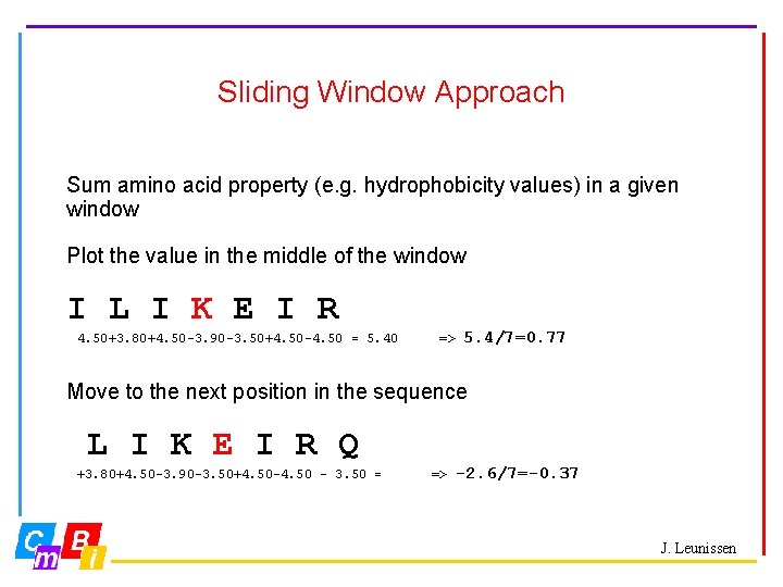 Sliding Window Approach Sum amino acid property (e. g. hydrophobicity values) in a given