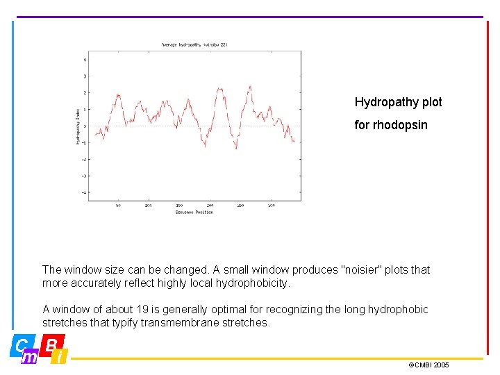 Hydropathy plot for rhodopsin The window size can be changed. A small window produces