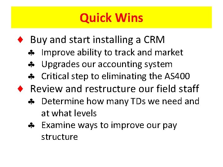 Quick Wins Buy and start installing a CRM Improve ability to track and market