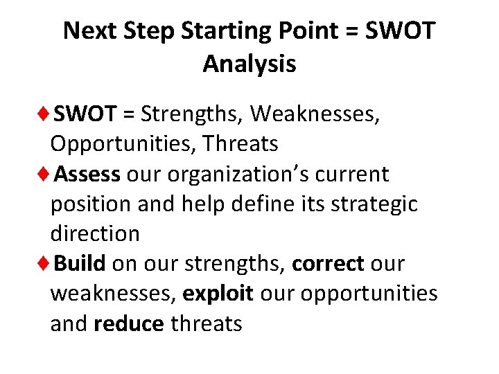 Next Step Starting Point = SWOT Analysis SWOT = Strengths, Weaknesses, Opportunities, Threats Assess