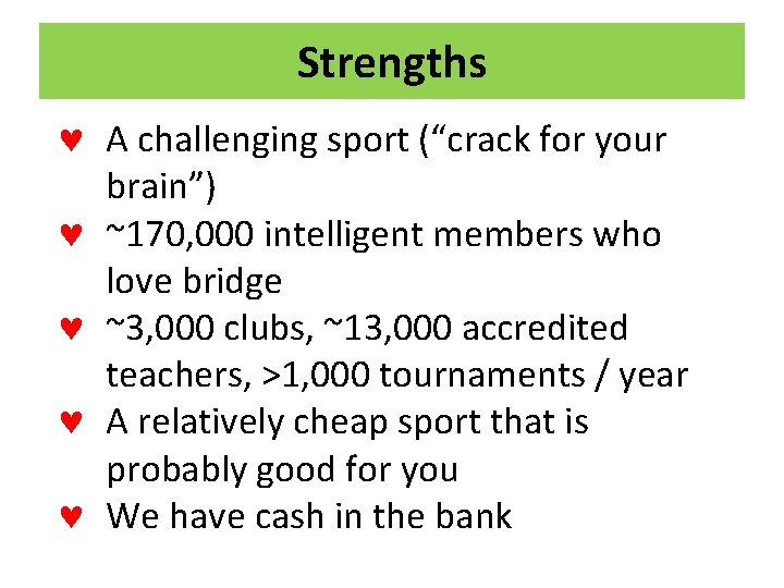 Strengths © A challenging sport (“crack for your brain”) © ~170, 000 intelligent members