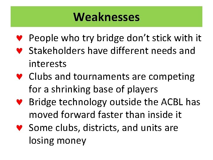 Weaknesses © People who try bridge don’t stick with it © Stakeholders have different