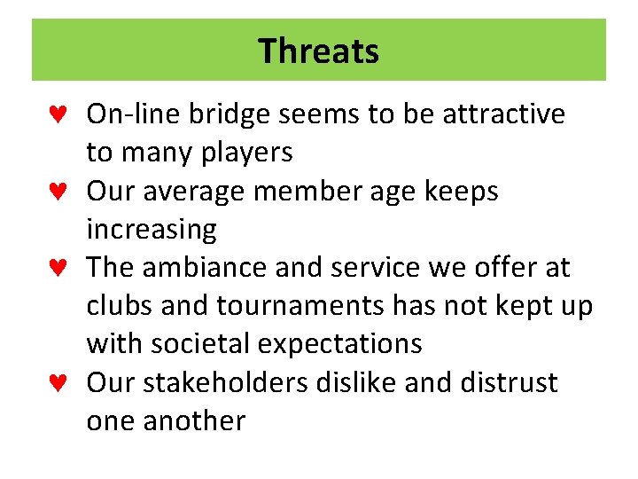 Threats © On-line bridge seems to be attractive to many players © Our average