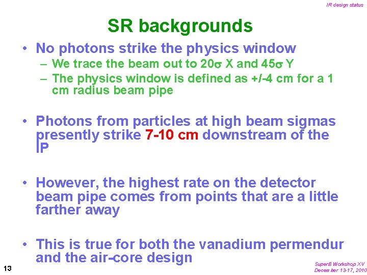 IR design status SR backgrounds • No photons strike the physics window – We