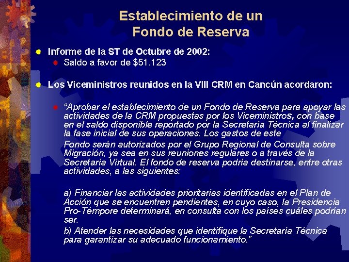 Establecimiento de un Fondo de Reserva ® Informe de la ST de Octubre de