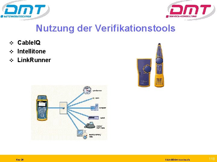 Nutzung der Verifikationstools Cable. IQ v Intellitone v Link. Runner v Nov 06 kleindl©dmt-service.