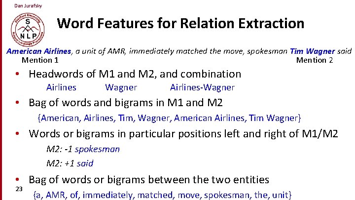 Dan Jurafsky Word Features for Relation Extraction American Airlines, a unit of AMR, immediately