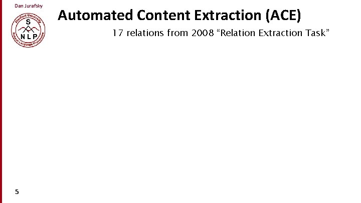 Dan Jurafsky Automated Content Extraction (ACE) 17 relations from 2008 “Relation Extraction Task” 5