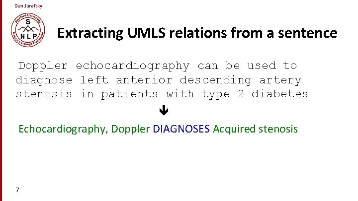 Dan Jurafsky Extracting UMLS relations from a sentence Doppler echocardiography can be used to