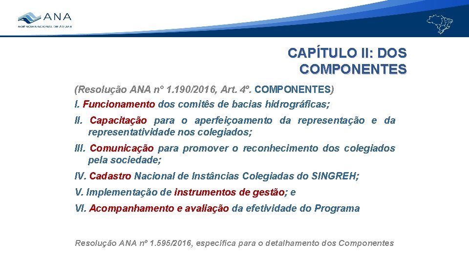 CAPÍTULO II: DOS COMPONENTES (Resolução ANA n° 1. 190/2016, Art. 4º. COMPONENTES) I. Funcionamento