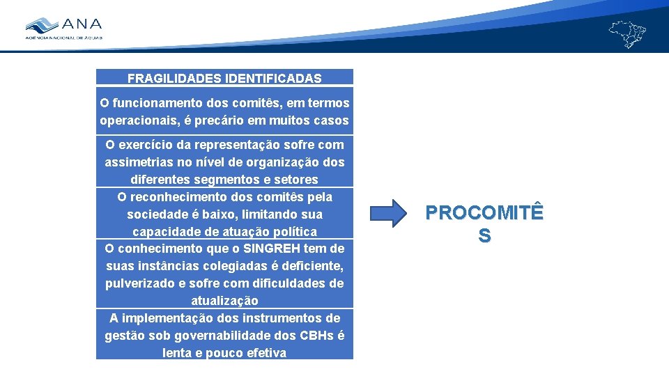 FRAGILIDADES IDENTIFICADAS O funcionamento dos comitês, em termos operacionais, é precário em muitos casos