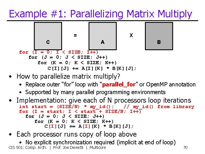 Example #1: Parallelizing Matrix Multiply = C X A B for (I = 0;