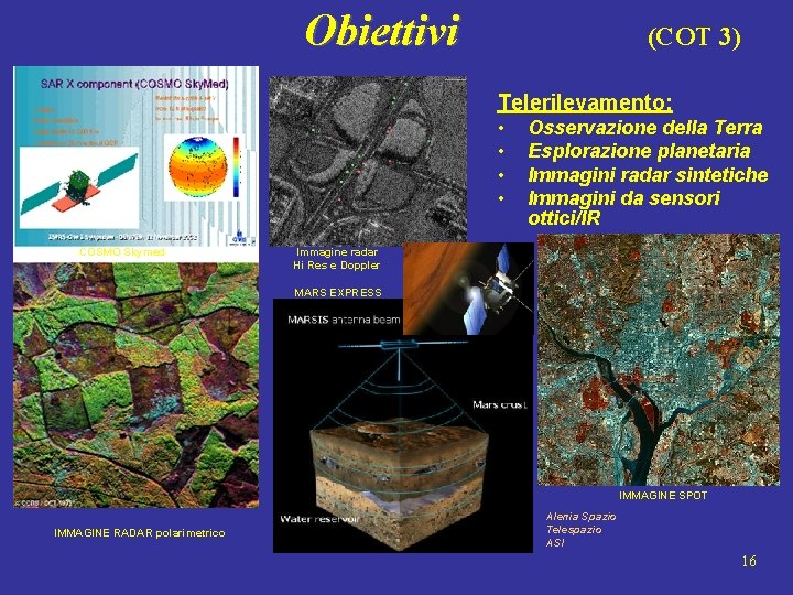Obiettivi (COT 3) Telerilevamento: • • COSMO Skymed Osservazione della Terra Esplorazione planetaria Immagini