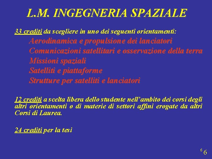 L. M. INGEGNERIA SPAZIALE 33 crediti da scegliere in uno dei seguenti orientamenti: Aerodinamica