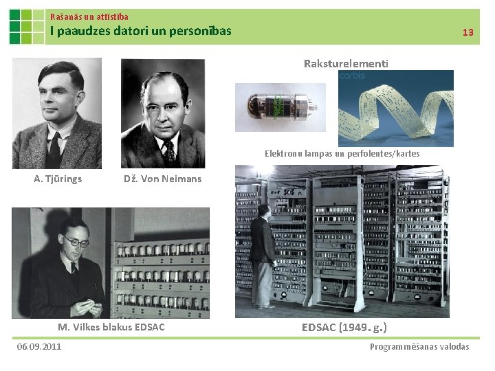 Rašanās un attīstība I paaudzes datori un personības 13 Raksturelementi Elektronu lampas un perfolentes/kartes