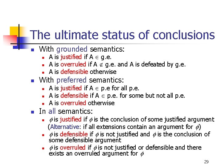 The ultimate status of conclusions n With grounded semantics: n n With preferred semantics: