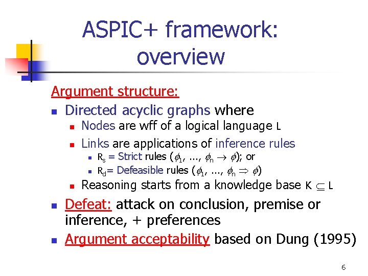 ASPIC+ framework: overview Argument structure: n Directed acyclic graphs where n n Nodes are